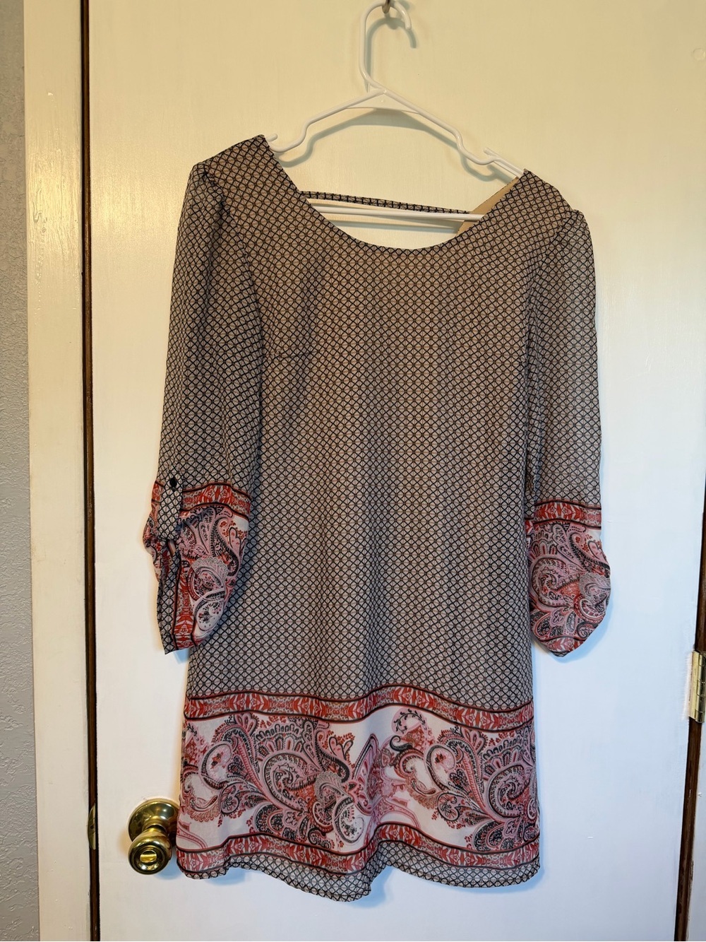 Paisley Border Long Sleeve Shift Dress in Coral and Black